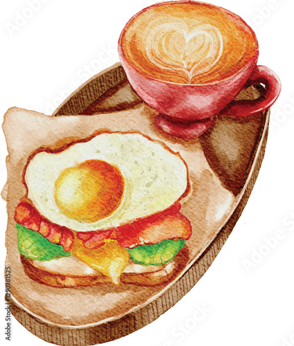 Breakfast food coffee egg sandwich latte art vector watercolor illustration hand drawn