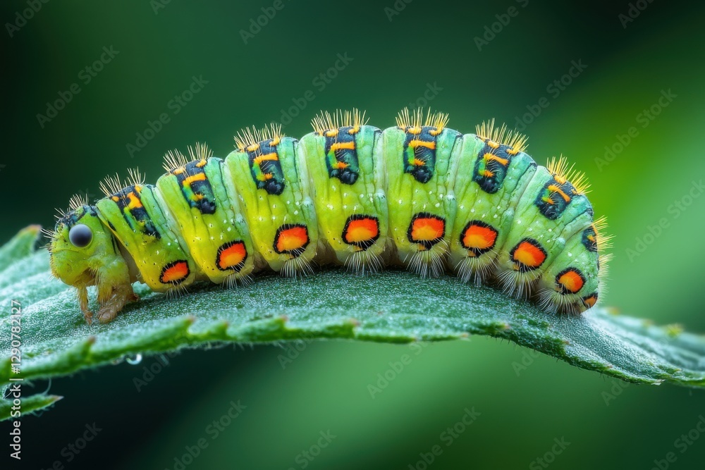 Vibrant green caterpillar with orange and black markings crawling on a leaf.