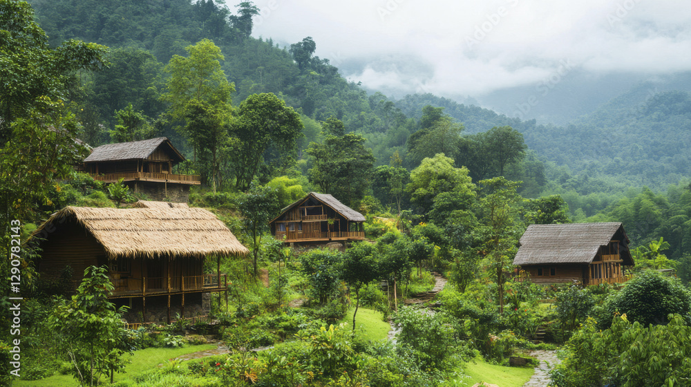 Eco village nestled in lush green forest valley, featuring wooden cabins surrounded by trees and mountains, creating serene and tranquil atmosphere Eco village nestled in lush green forest valley, featuring wooden cabins surrounded by trees and mountains, creating serene and tranquil atmosphere