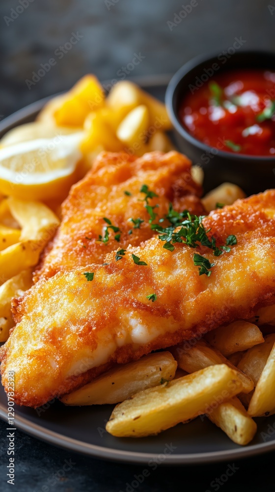 Crispy Fried Fish With Golden Fries Served on a Black Plate in a Cozy Setting Crispy Fried Fish With Golden Fries Served on a Black Plate in a Cozy Setting