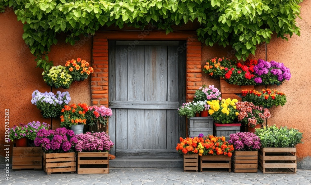 Fototapeta premium Rustic Brick House with Flower Display and Wooden Door