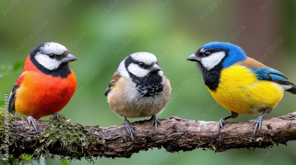 Obraz premium Three colorful birds perched on branch, forest background, nature photography