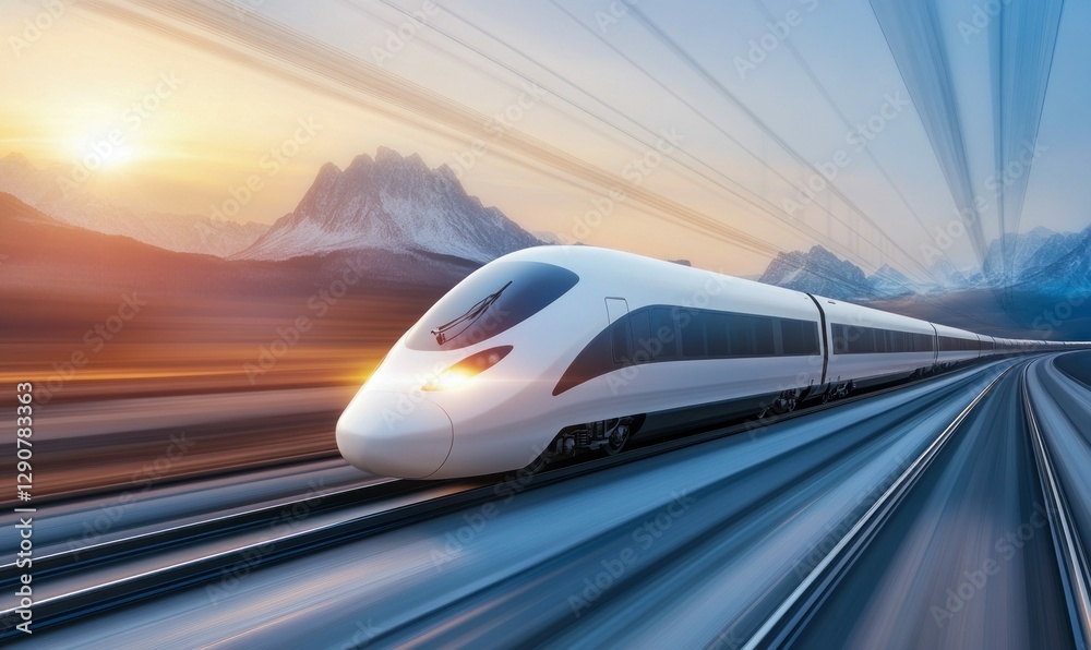 Fototapeta premium High-Speed Train Moving Through Scenic Mountain Landscape