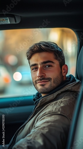 Smiling Young Man Sitting in Vehicle With Warm Light Background During Evening