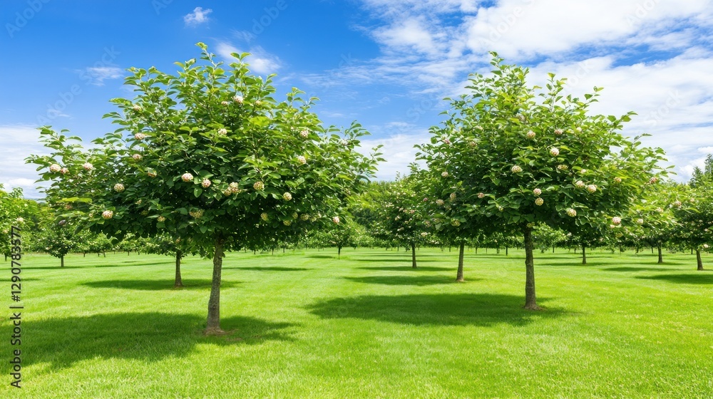Apple Orchard. Trees, apples on farm with grass under blue cloudy sky for agritourism and education Apple Orchard. Trees, apples on farm with grass under blue cloudy sky for agritourism and education