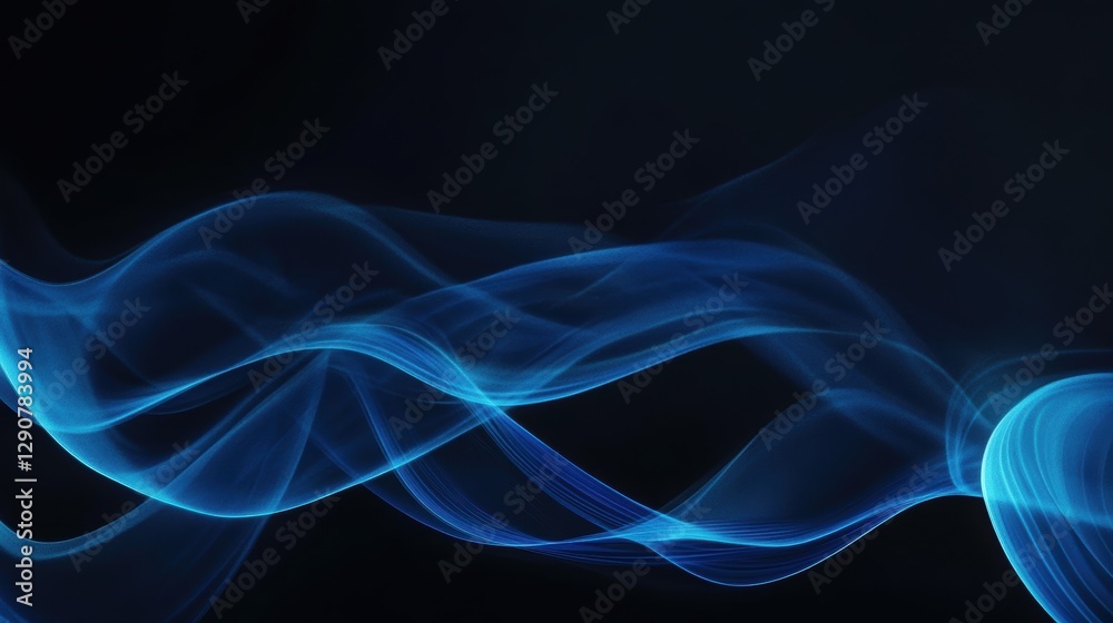 Fototapeta premium Blue smoke waves on a dark background, abstract flow of vapor, ethereal light effects, calming movement, background for creative or design projects.