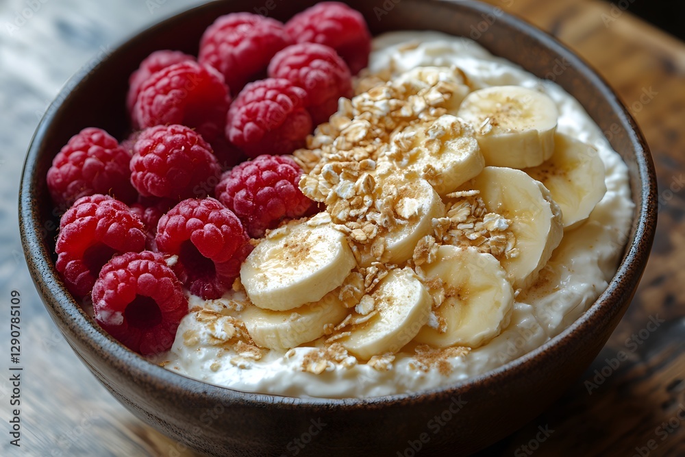 Healthy Breakfast Bowl with Raspberries, Bananas, and Oats for Nutritious Start Healthy Breakfast Bowl with Raspberries, Bananas, and Oats for Nutritious Start
