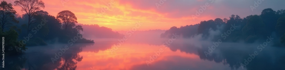 Fototapeta premium Misty sunrise over calm DuPage River, fog clinging to banks, fog, vegetation, photo