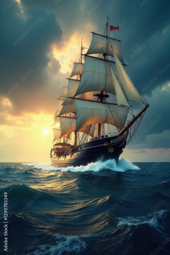 Obraz premium Majestic ship, stormy sea, golden light, impressionistic style, canvas, waves