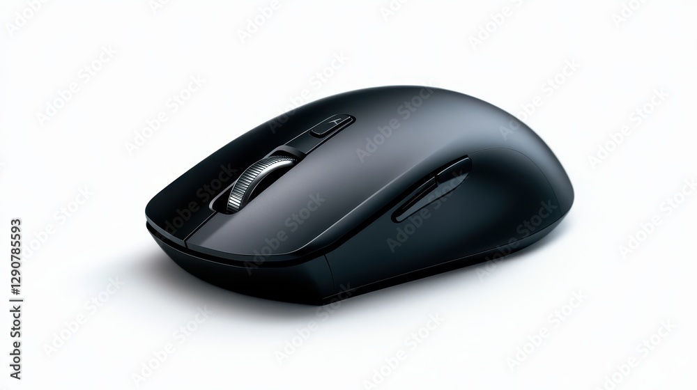 This image showcases a sleek black wireless computer mouse set against a clean white background, highlighting its modern design and ergonomic features for users. This image showcases a sleek black wireless computer mouse set against a clean white background, highlighting its modern design and ergonomic features for users.