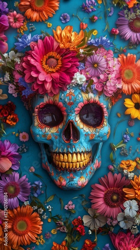 Colorful Sugar Skull Adorned With Vibrant Flowers on a Bright Blue Background