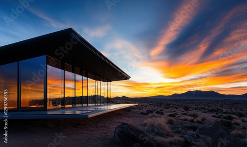 Modern Glass House in Desert Landscape at Sunset