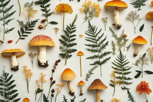 Colorful Mushrooms and Ferns in a Whimsical Botanical Composition Created in ...