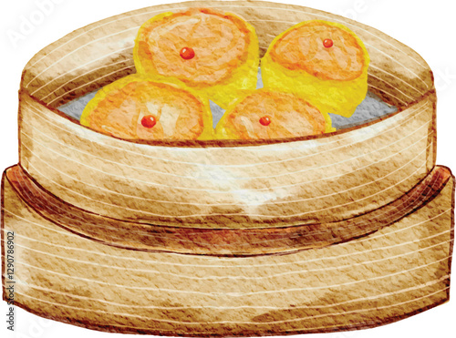 Dimsum Dumplings Chinese traditional food on bucket vector watercolor illustration hand drawn