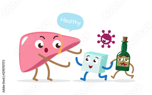 Healthy liver with sugar, hepatitis virus, alcohol . Cute medical cartoon character . Isolate white background . Vector .