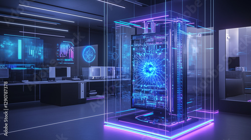 A futuristic tech lab featuring a quantum computer encased in glass, its intricate superconducting circuits pulsating with blue and purple neon energy