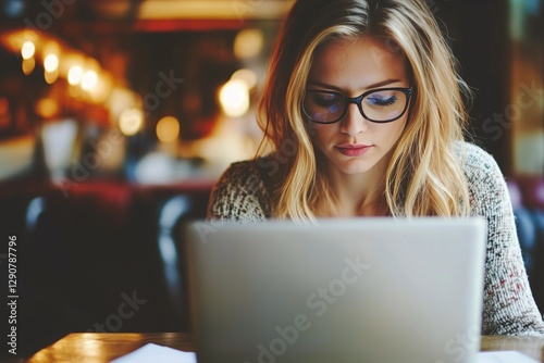 Young Woman Working on Laptop in Cozy Cafe During Bright Afternoon
