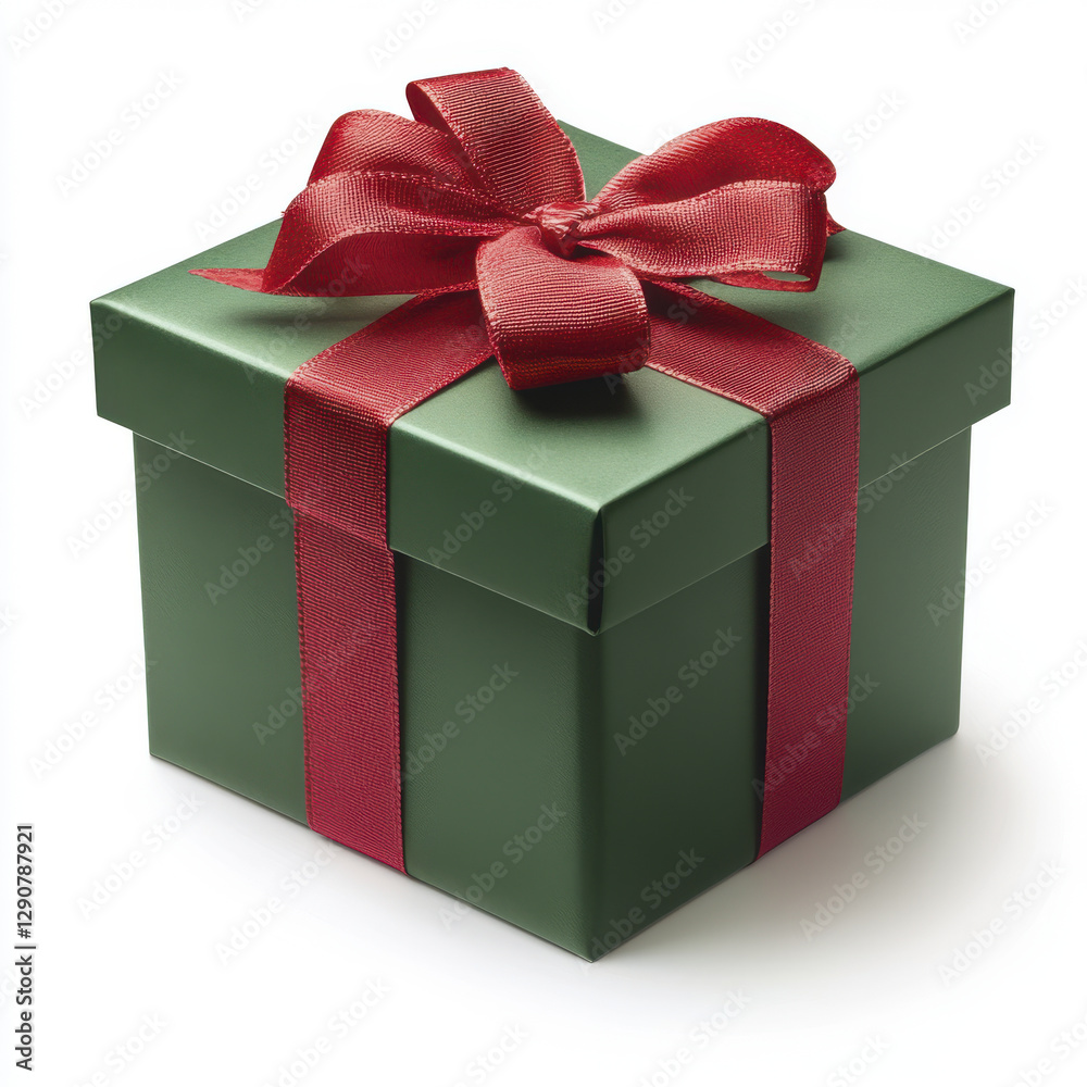 Obraz premium green gift box with red ribbon, perfect for festive occasions and celebrations. This beautifully wrapped present adds touch of elegance and joy to any event