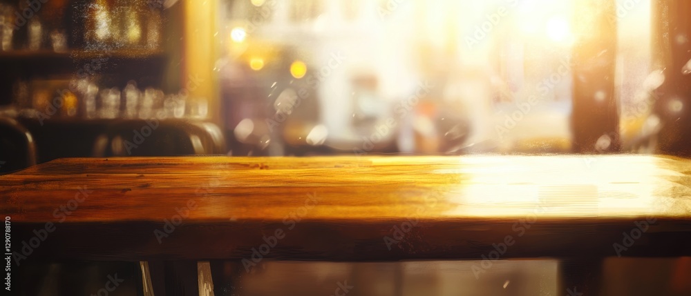Wooden table in a cozy cafe with a blurred background, sunlight streaming through, creating a warm and inviting atmosphere for photography. Wooden table in a cozy cafe with a blurred background, sunlight streaming through, creating a warm and inviting atmosphere for photography.