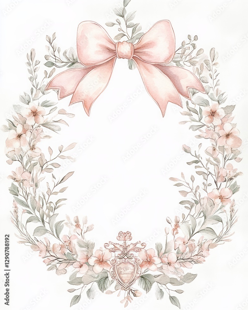 Obraz premium A delicate watercolor illustration in soft pastel colors, featuring a floral border made of small, intricate pink flowers and a pink ribbon