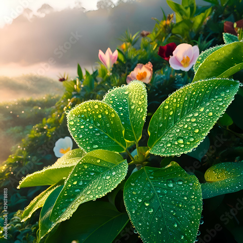 Dew-Covered Leaves and Blooming Flowers: A Serene Morning Scene