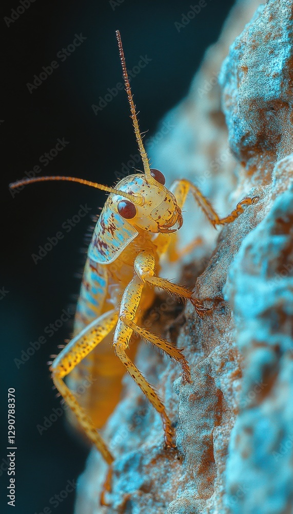 Close-up of a vibrant insect clinging to a textured surface. Close-up of a vibrant insect clinging to a textured surface.