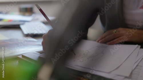 Close up of female designer using pencil and sheet of paper for fashion sketches. Mature woman in white blouse creating design of new clothing collection.