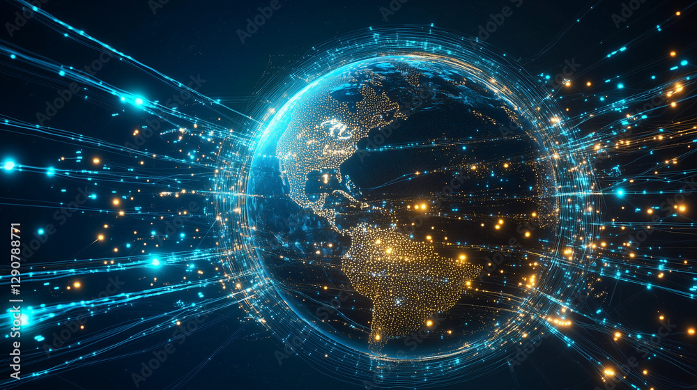 Obraz premium A hyper-realistic holographic Earth, encircled by electrified currents of blue and gold data streams