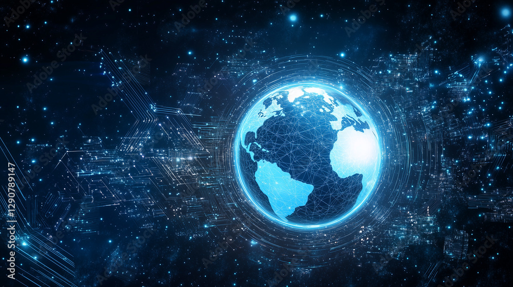 Fototapeta premium A luminescent Earth sphere floating in a deep space void, surrounded by intricate glowing circuitry and vast networks of swirling data pulses