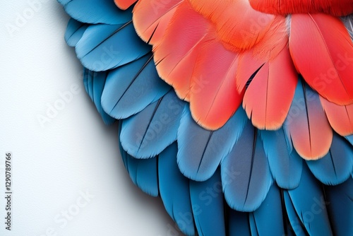 Vibrant Blue and Orange Feathers Arranged Artistically on a White Background