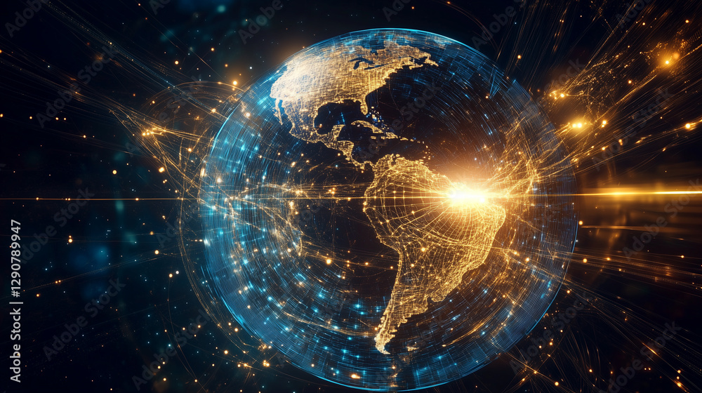 Obraz premium A mesmerizing holographic Earth, pulsating with bright golden and sapphire-blue data streams
