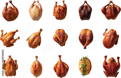 A professionally curated set of ultra-detailed vector illustrations of whole roasted chickens, each showcased in different perspectives