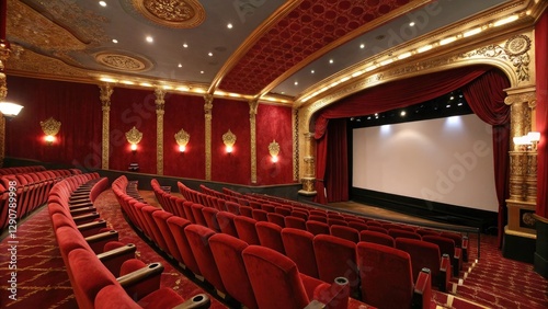 Panoramic View of a Red Cinema with Blank Screen and Empty Seats for Film Enthusiasts, Movie Lovers, and Theatrical Settings in Vibrant Decor