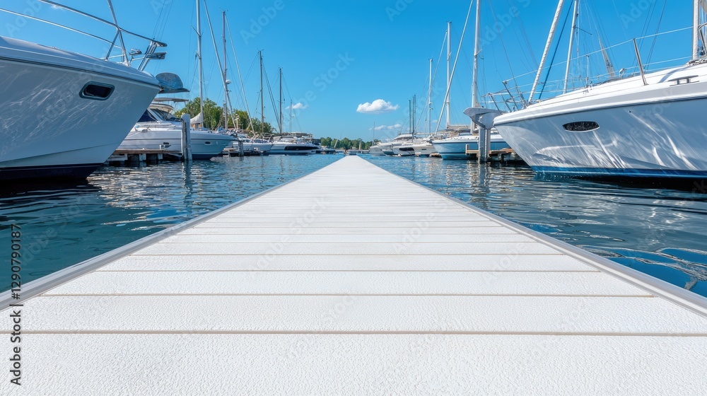 Fototapeta premium Dock leads to marina, yachts at moorings, sunny day