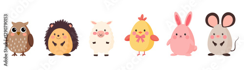 Set of Cartoon Cute Animals in egg-shape, Bunny, Hedgehog, Chick, Owl, Mouse and Sheep, Easter Concept, Vector Illustration