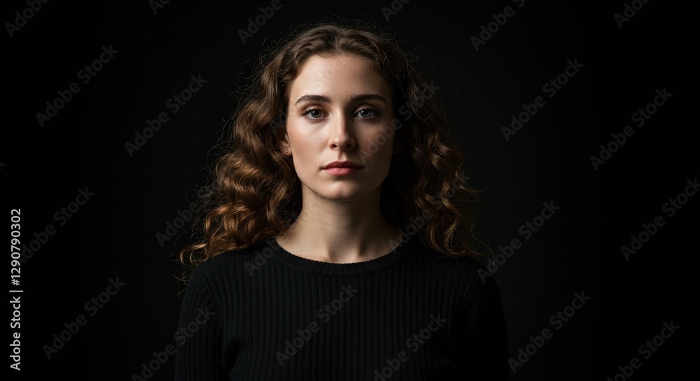 Fototapeta premium Portrait Photograph of Woman with Curly Hair on Black Background for Lifestyle and Fashion Concepts