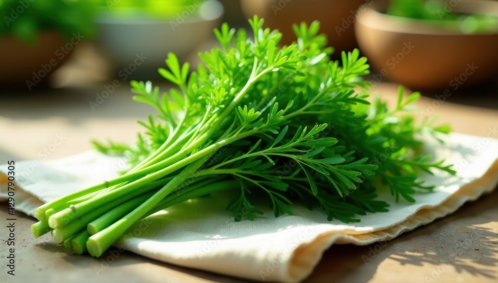Bright green dill bunches on textured linen, sunlit kitchen setting , fresh, spring Bright green dill bunches on textured linen, sunlit kitchen setting , fresh, spring