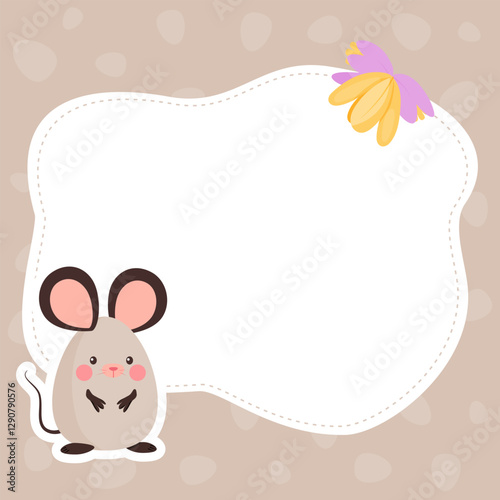 Vector Template of Empty Note Card with Cartoon Cute Mouse and Flowers
