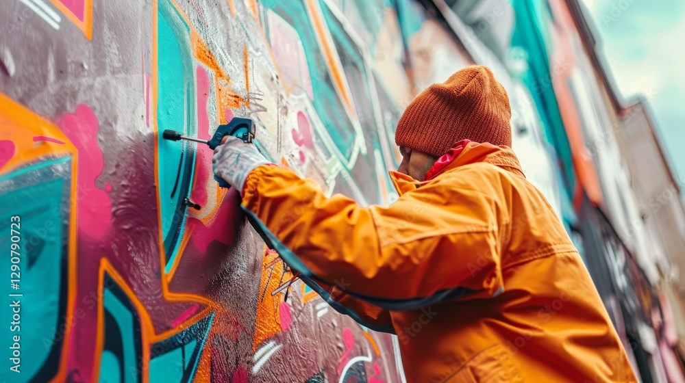Fototapeta premium A graffiti artist spraying a colorful design on a wall