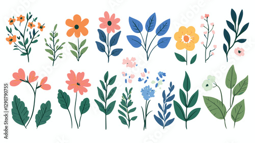 Colorful Floral Pattern with Abstract Flowers and Set of Autumn Leaves on White Background Art & Illustration