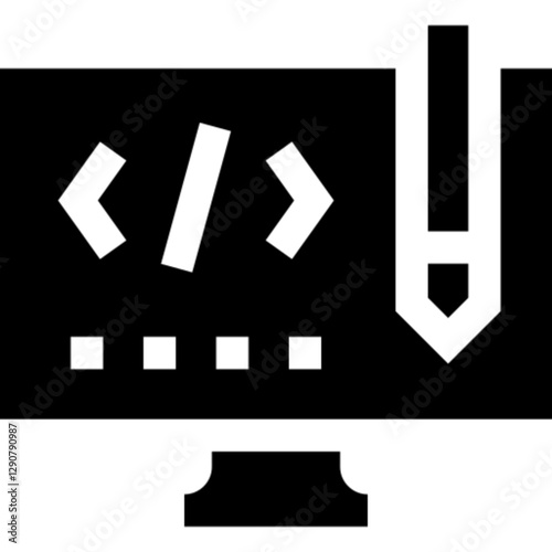 Minimalist code design glyph icon in a monochrome vector style. This simple design symbolizes software development, coding, UI/UX design, and programming logic, making it ideal for tech, web developme