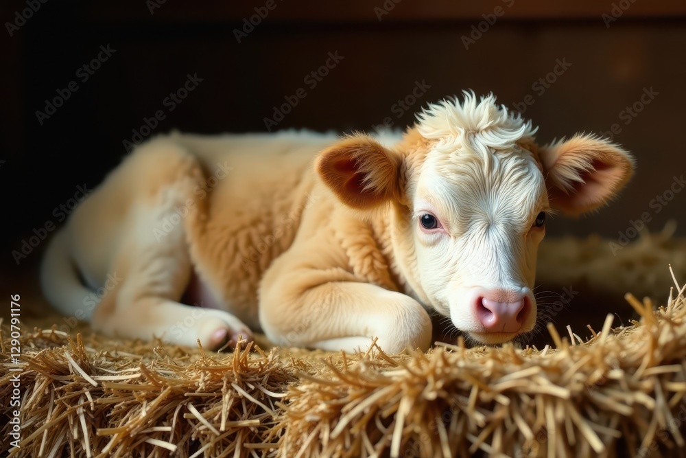 Fluffy calf naps peacefully on soft hay bale in rustic barn , agriculture, wildlife, young Fluffy calf naps peacefully on soft hay bale in rustic barn , agriculture, wildlife, young