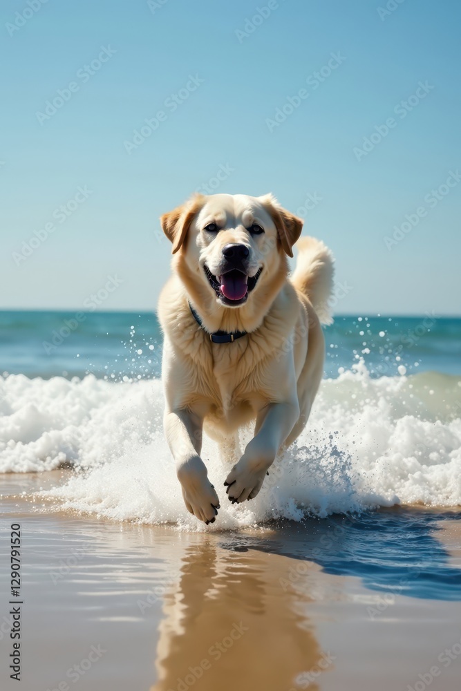 Labrador bounding across Lake Michigan beach into the surf , mammal, labrador