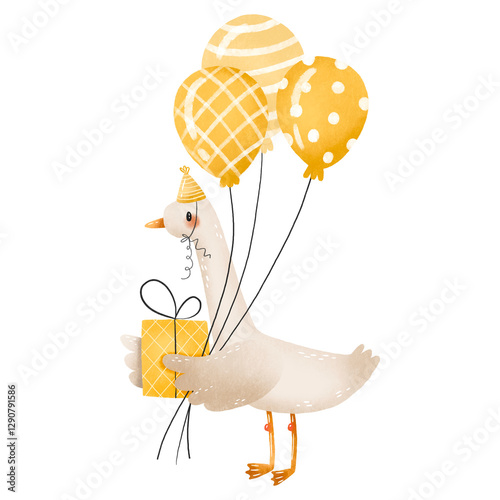 Cartoon goose with yellow helium air balloon and gift present box. Birthday duck. Happy birthday hand drawn card.