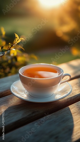 Warm Cup of Tea on a Wooden Table During Sunset in a Serene Garden