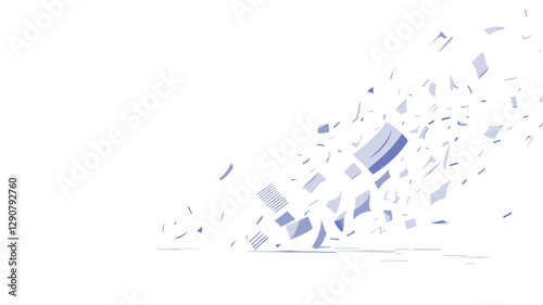 The image depicts an abstract composition featuring numerous small, irregularly shaped fragments dispersed across a white background. The fragments are primarily light blue and gray, appearing to