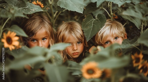 Kids Hiding in Sunflower Field photo