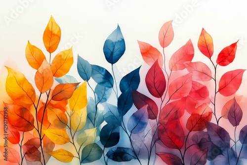 Vibrant Watercolor Leaves in Autumn Colors Against a Light Background