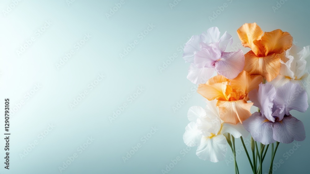 A captivating display of elegant irises in soft pastel shades against a serene blue background, creating an atmosphere of tranquility and beauty, inviting admiration.