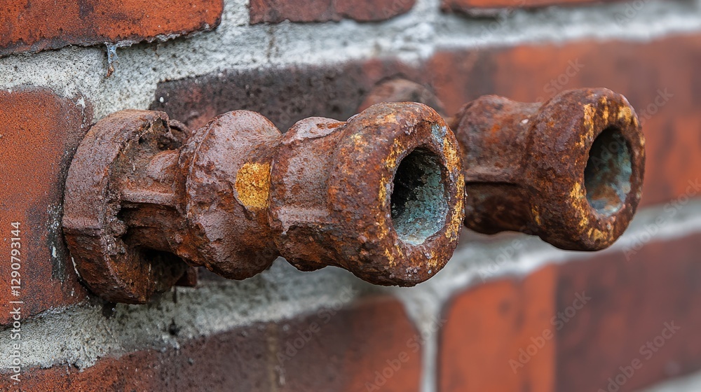A rusted metal pipe joint connecting to an old faucet. A rusted metal pipe joint connecting to an old faucet.